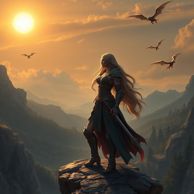 A fantasy setting featuring a powerful, determined female warrior with long, flowing hair, clad in intricately detailed armor, standing confidently on a rocky cliff