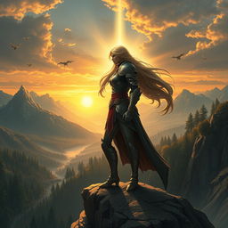 A fantasy setting featuring a powerful, determined female warrior with long, flowing hair, clad in intricately detailed armor, standing confidently on a rocky cliff