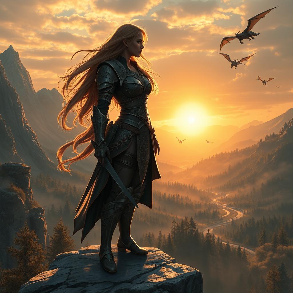 A fantasy setting featuring a powerful, determined female warrior with long, flowing hair, clad in intricately detailed armor, standing confidently on a rocky cliff