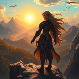 A fantasy setting featuring a powerful, determined female warrior with long, flowing hair, clad in intricately detailed armor, standing confidently on a rocky cliff