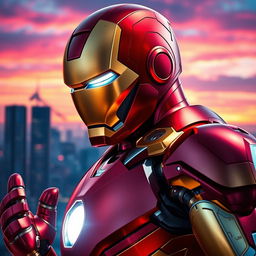 A stunning depiction of Iron Man in a dynamic pose, showcasing the intricate details of his armor with metallic red and gold colors
