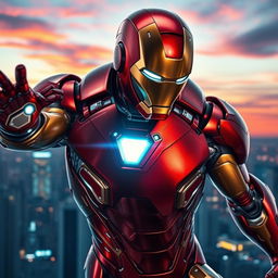A stunning depiction of Iron Man in a dynamic pose, showcasing the intricate details of his armor with metallic red and gold colors