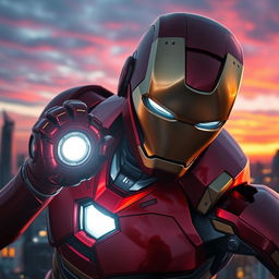 A stunning depiction of Iron Man in a dynamic pose, showcasing the intricate details of his armor with metallic red and gold colors