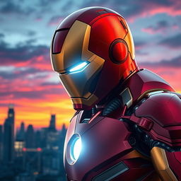 A stunning depiction of Iron Man in a dynamic pose, showcasing the intricate details of his armor with metallic red and gold colors