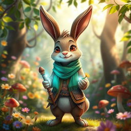 A vibrant and whimsical harengon character with anthropomorphic rabbit features, standing in a lush fantasy forest filled with colorful flowers and mushrooms
