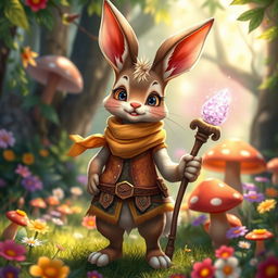 A vibrant and whimsical harengon character with anthropomorphic rabbit features, standing in a lush fantasy forest filled with colorful flowers and mushrooms