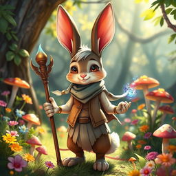 A vibrant and whimsical harengon character with anthropomorphic rabbit features, standing in a lush fantasy forest filled with colorful flowers and mushrooms