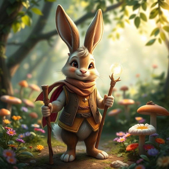 A vibrant and whimsical harengon character with anthropomorphic rabbit features, standing in a lush fantasy forest filled with colorful flowers and mushrooms