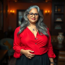 A plus-size Indian mature housewife with long grey hair and stylish glasses, confidently posed in an elegant setting