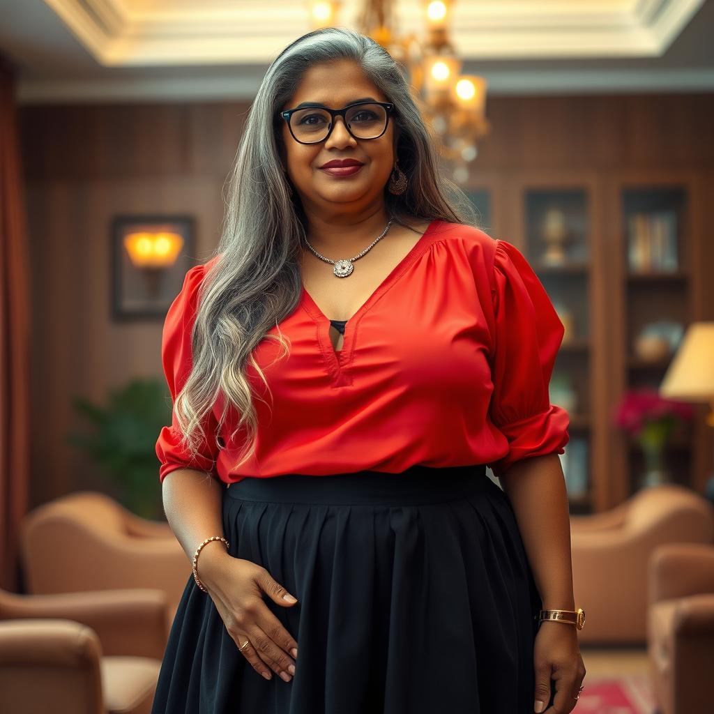 A plus-size Indian mature housewife with long grey hair and stylish glasses, confidently posed in an elegant setting