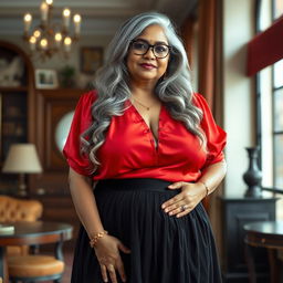 A plus-size Indian mature housewife with long grey hair and stylish glasses, confidently posed in an elegant setting