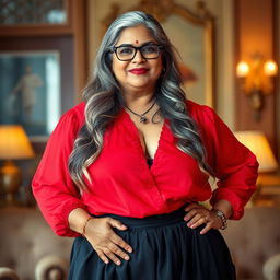 A plus-size Indian mature housewife with long grey hair and stylish glasses, confidently posed in an elegant setting
