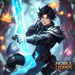 A dynamic scene featuring Song Jin-Woo from the anime 'Solo Leveling' portrayed as a character from the mobile game 'Mobile Legends'