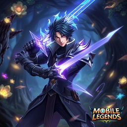 A dynamic scene featuring Song Jin-Woo from the anime 'Solo Leveling' portrayed as a character from the mobile game 'Mobile Legends'