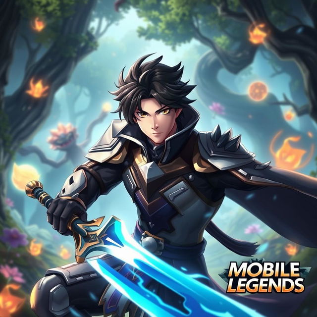 A dynamic scene featuring Song Jin-Woo from the anime 'Solo Leveling' portrayed as a character from the mobile game 'Mobile Legends'