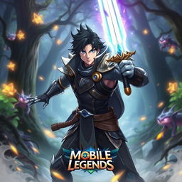 A dynamic scene featuring Song Jin-Woo from the anime 'Solo Leveling' portrayed as a character from the mobile game 'Mobile Legends'