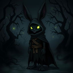 A dark and mysterious harengon character with shadows and eerie details, featuring anthropomorphic rabbit traits