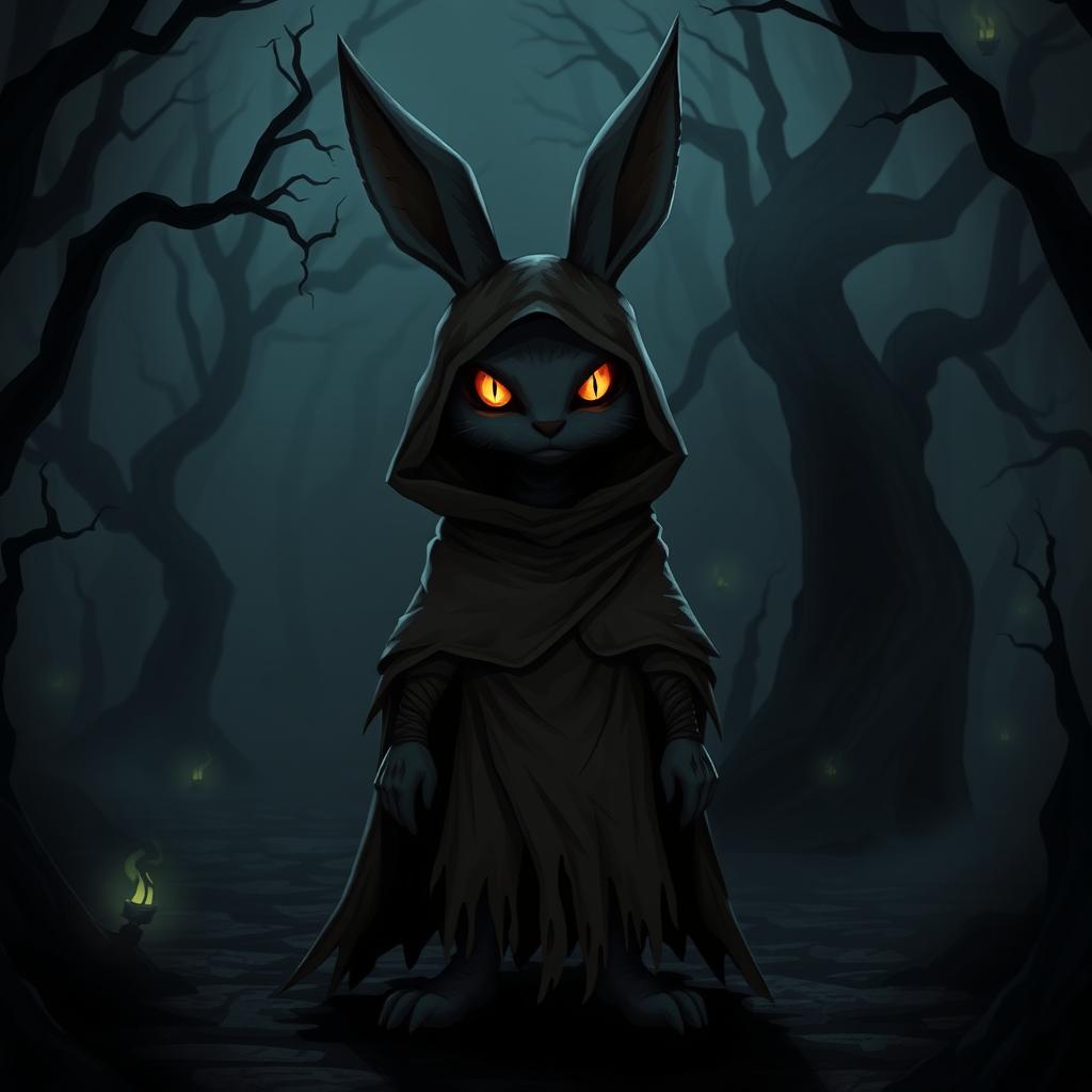 A dark and mysterious harengon character with shadows and eerie details, featuring anthropomorphic rabbit traits