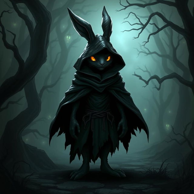 A dark and mysterious harengon character with shadows and eerie details, featuring anthropomorphic rabbit traits