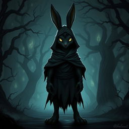 A dark and mysterious harengon character with shadows and eerie details, featuring anthropomorphic rabbit traits