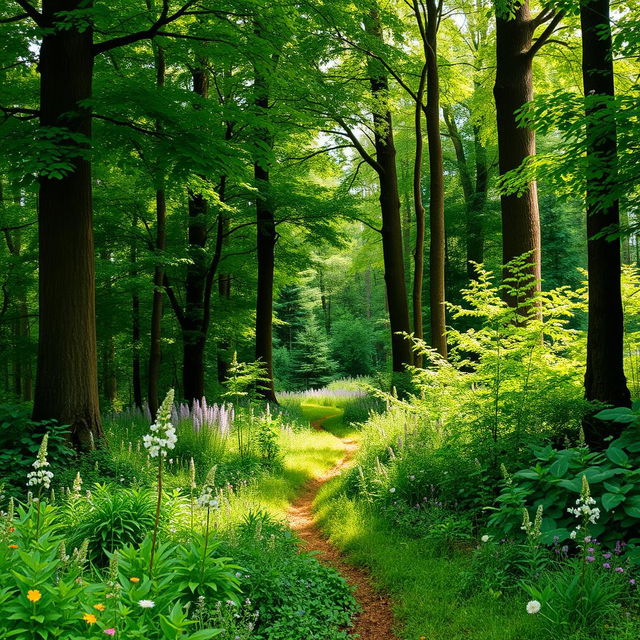 A picturesque forest border, showcasing a vibrant, lush woodland environment