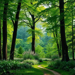 A picturesque forest border, showcasing a vibrant, lush woodland environment