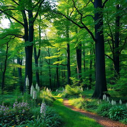 A picturesque forest border, showcasing a vibrant, lush woodland environment