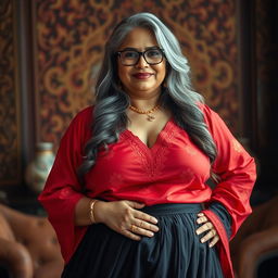 A plus-size Indian mature housewife with long grey hair and stylish glasses, confidently posed in an elegant setting