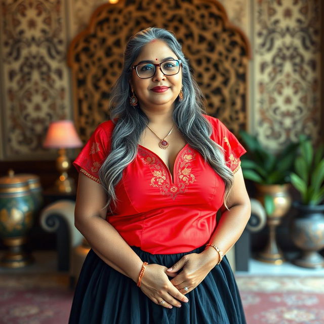 A plus-size Indian mature housewife with long grey hair and stylish glasses, confidently posed in an elegant setting