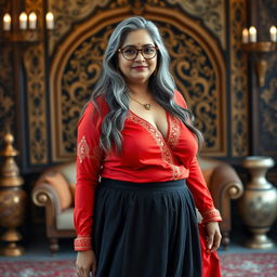 A plus-size Indian mature housewife with long grey hair and stylish glasses, confidently posed in an elegant setting