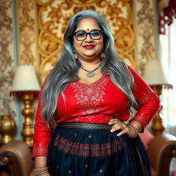 A plus-size Indian mature housewife with long grey hair and stylish glasses, confidently posed in an elegant setting