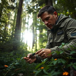 A man in a dense forest, focused and determined, cutting a green plant with a small knife