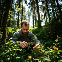 A man in a dense forest, focused and determined, cutting a green plant with a small knife