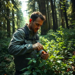 A man in a dense forest, focused and determined, cutting a green plant with a small knife