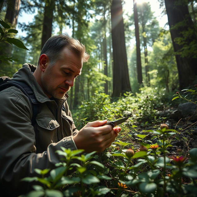 A man in a dense forest, focused and determined, cutting a green plant with a small knife