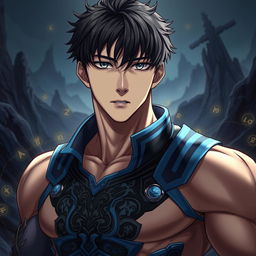 A highly detailed close-up of a muscular young man with short dark hair and striking features, inspired by Song Jinwoo from the anime "Solo Leveling"