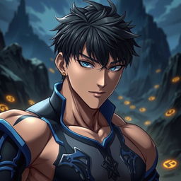 A highly detailed close-up of a muscular young man with short dark hair and striking features, inspired by Song Jinwoo from the anime "Solo Leveling"