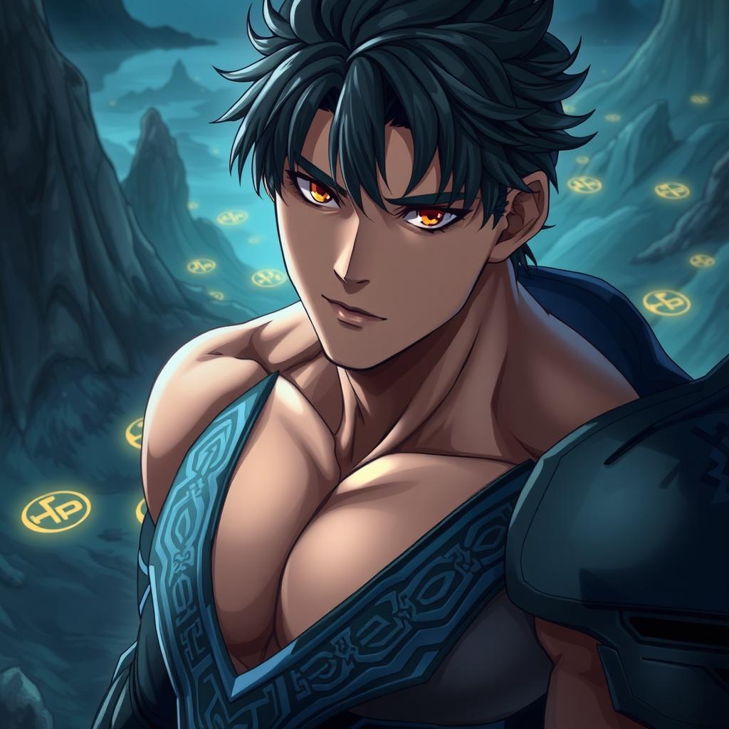 A highly detailed close-up of a muscular young man with short dark hair and striking features, inspired by Song Jinwoo from the anime "Solo Leveling"
