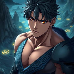 A highly detailed close-up of a muscular young man with short dark hair and striking features, inspired by Song Jinwoo from the anime "Solo Leveling"