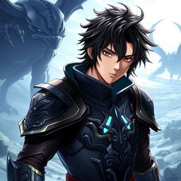 A heroic character portrait of Sung Jin-woo from Solo Leveling, showcasing his transformation into a powerful hunter