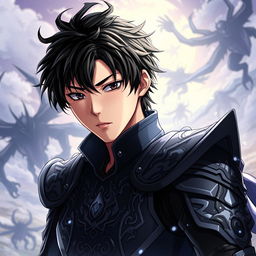 A heroic character portrait of Sung Jin-woo from Solo Leveling, showcasing his transformation into a powerful hunter