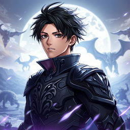 A heroic character portrait of Sung Jin-woo from Solo Leveling, showcasing his transformation into a powerful hunter