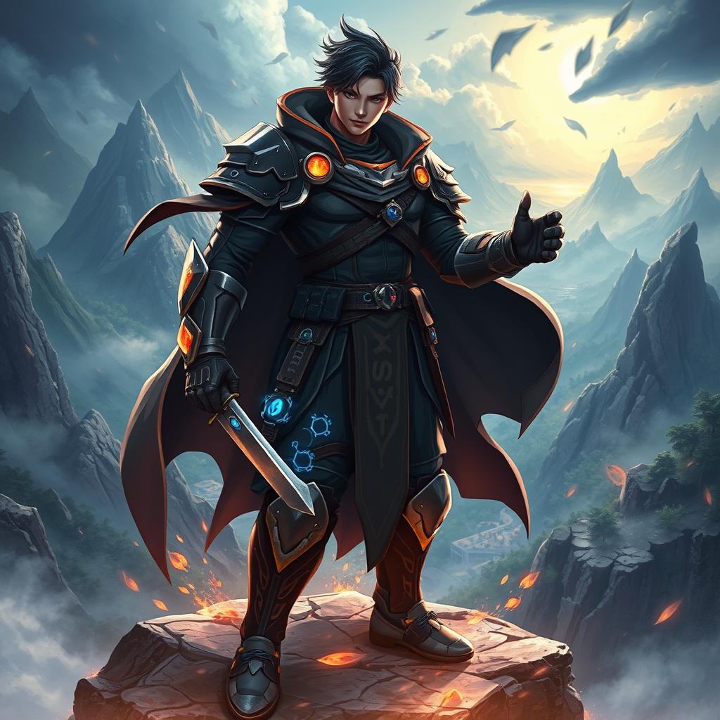 A powerful fantasy warrior inspired by Sung Jin-woo from 'Only I Level Up', dressed in modern yet tactical battle gear that includes a dark cloak, sharp armor, and glowing rune inscriptions
