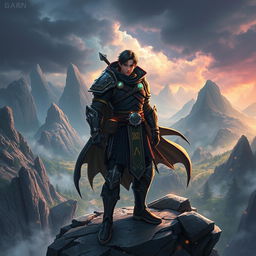 A powerful fantasy warrior inspired by Sung Jin-woo from 'Only I Level Up', dressed in modern yet tactical battle gear that includes a dark cloak, sharp armor, and glowing rune inscriptions