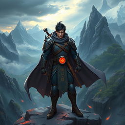 A powerful fantasy warrior inspired by Sung Jin-woo from 'Only I Level Up', dressed in modern yet tactical battle gear that includes a dark cloak, sharp armor, and glowing rune inscriptions