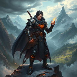 A powerful fantasy warrior inspired by Sung Jin-woo from 'Only I Level Up', dressed in modern yet tactical battle gear that includes a dark cloak, sharp armor, and glowing rune inscriptions