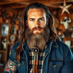 A portrait of a strong and rugged man wearing a traditional bolo tie