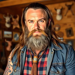 A portrait of a strong and rugged man wearing a traditional bolo tie