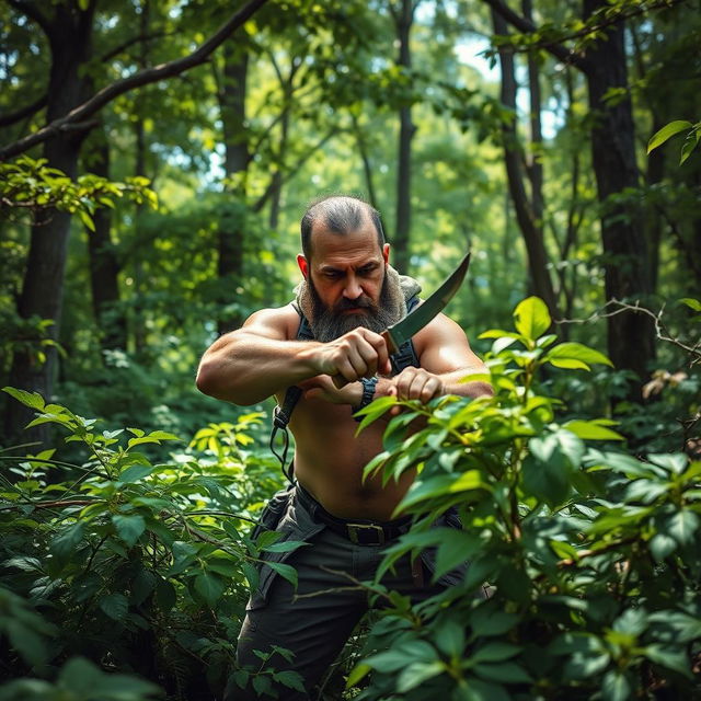 A robust man wielding a traditional bolo knife, skillfully cutting through thick, lush vegetation in a vibrant green forest
