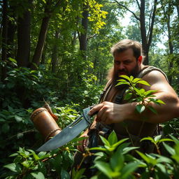 A robust man wielding a traditional bolo knife, skillfully cutting through thick, lush vegetation in a vibrant green forest